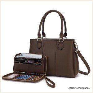PU Leather Crossbody Satchel with Wallet Set, Adjustable Strap, 3 Compartments